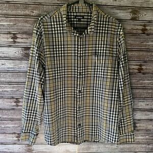 Express Men's Long-Sleeved Button-Down‎ Shirt Size L Black White Yellow Plaid
